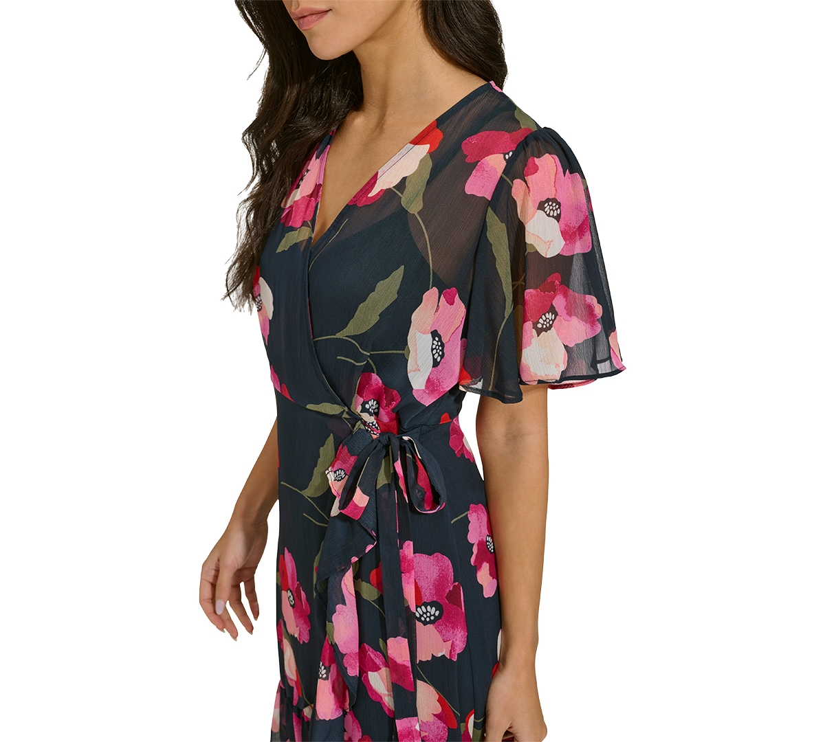 Shop Calvin Klein Petite Flutter-sleeve Faux-wrap Dress In Indigo Multi