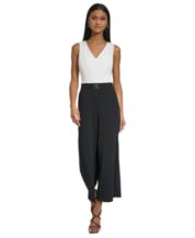 NY Collection Petite 3/4 Sleeve Belted Wide Leg Jumpsuit - Macy's