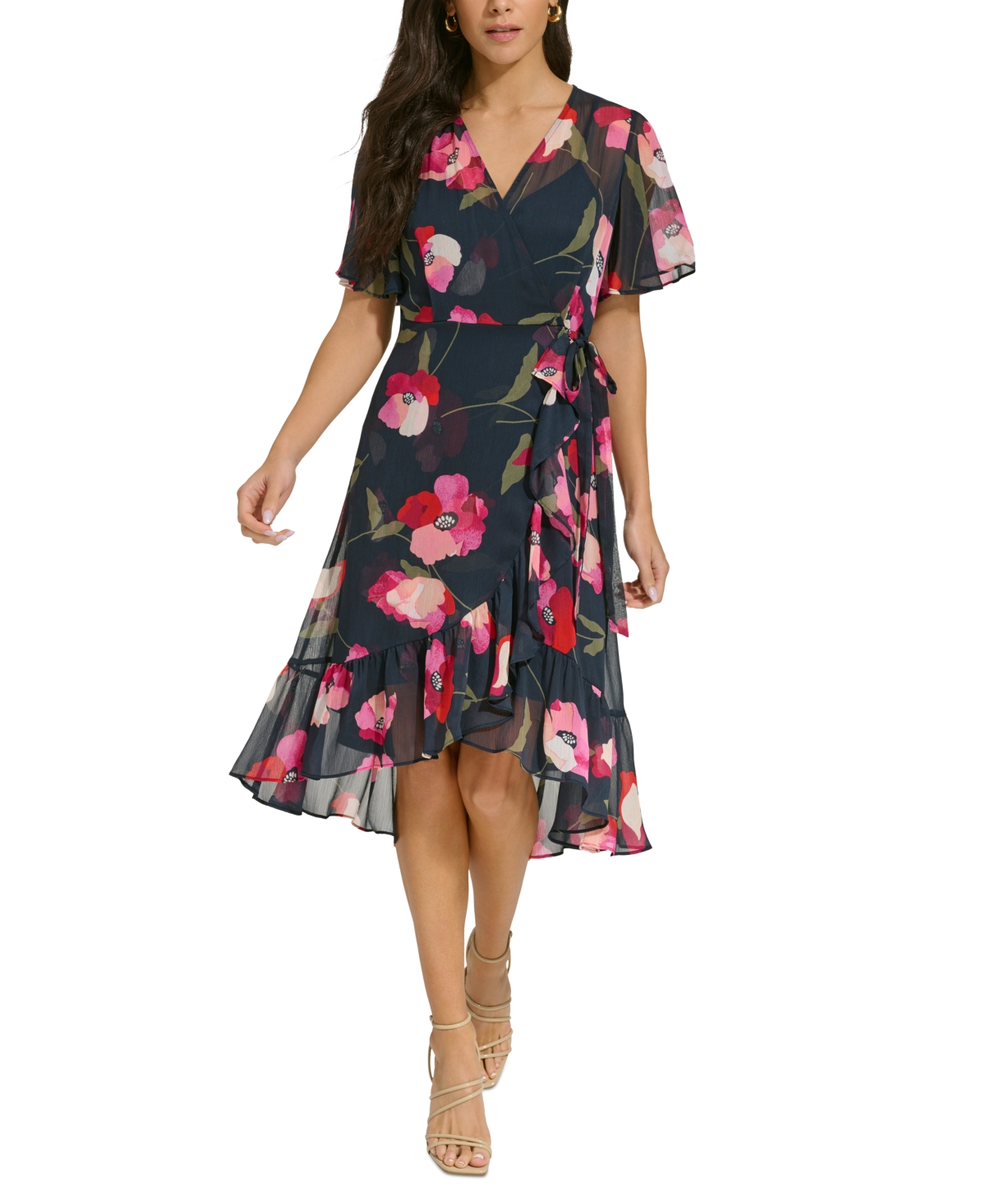 Shop Calvin Klein Women's Flutter-sleeve Faux-wrap Dress In Indigo Multi