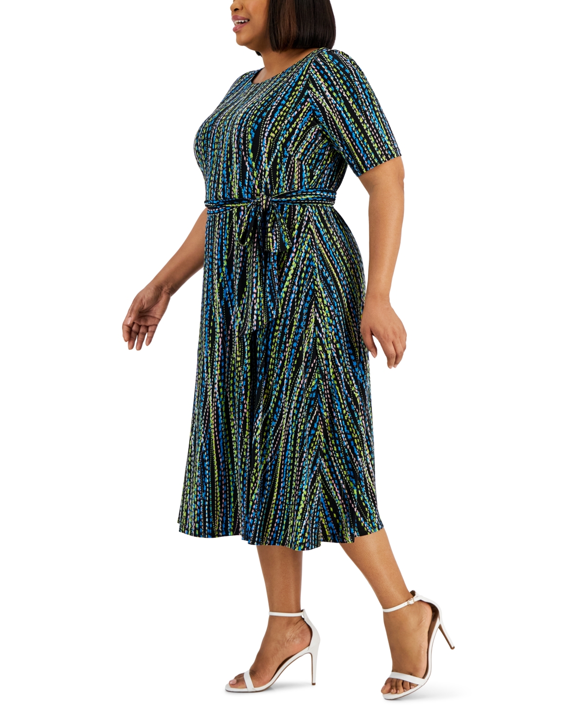 Shop Kasper Plus Size Abstract-print Belted Elbow-sleeve Dress In Black,riviera
