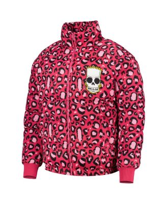 Men's Pink The Simpsons Bart Leopard Print Raglan Full-Zip Puffer Jacket