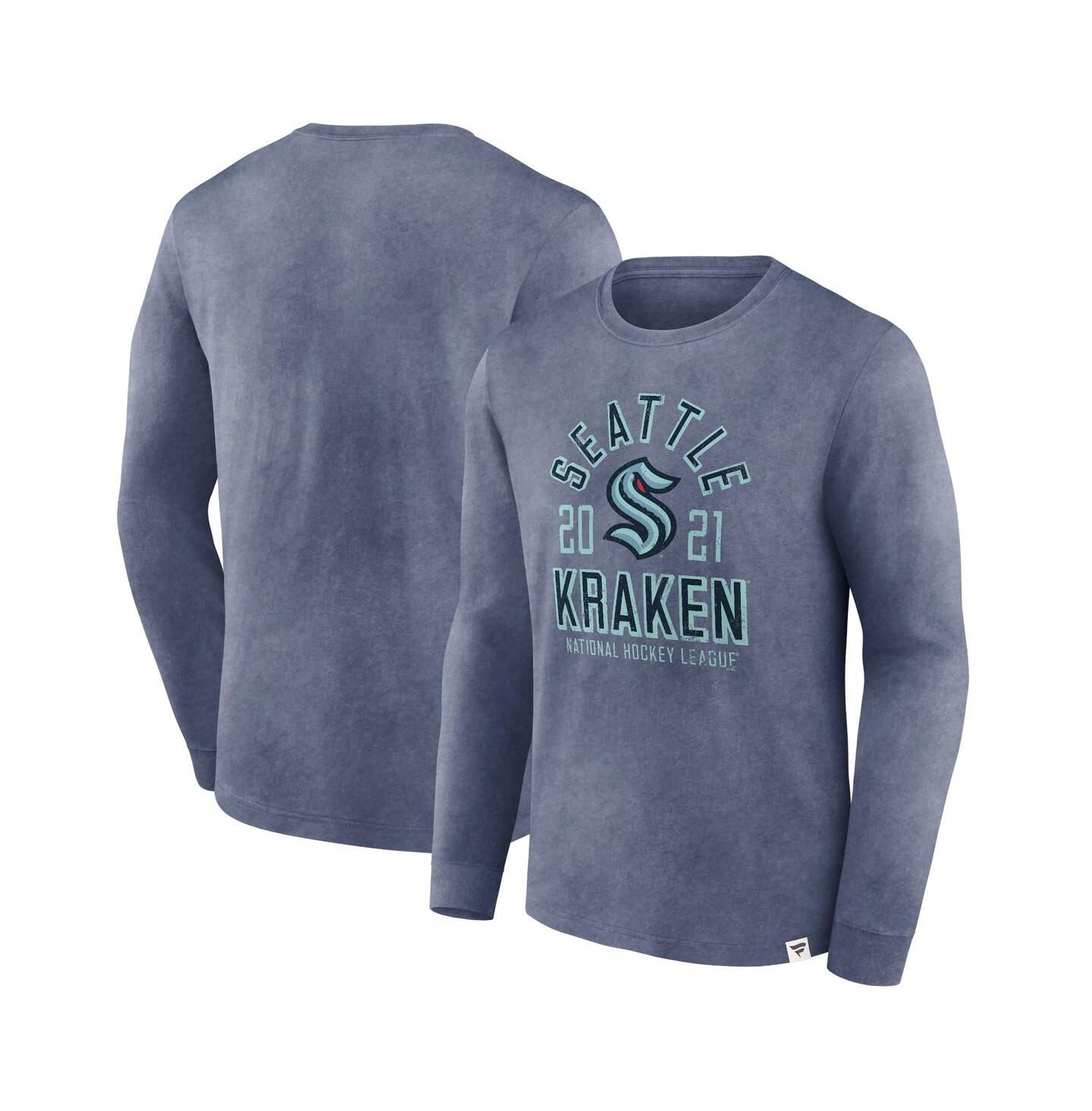 Мужская футболка Fanatics Heather Deep Sea Blue Distressed Seattle Kraken Keep The Zone Long Sleeve — фото 1