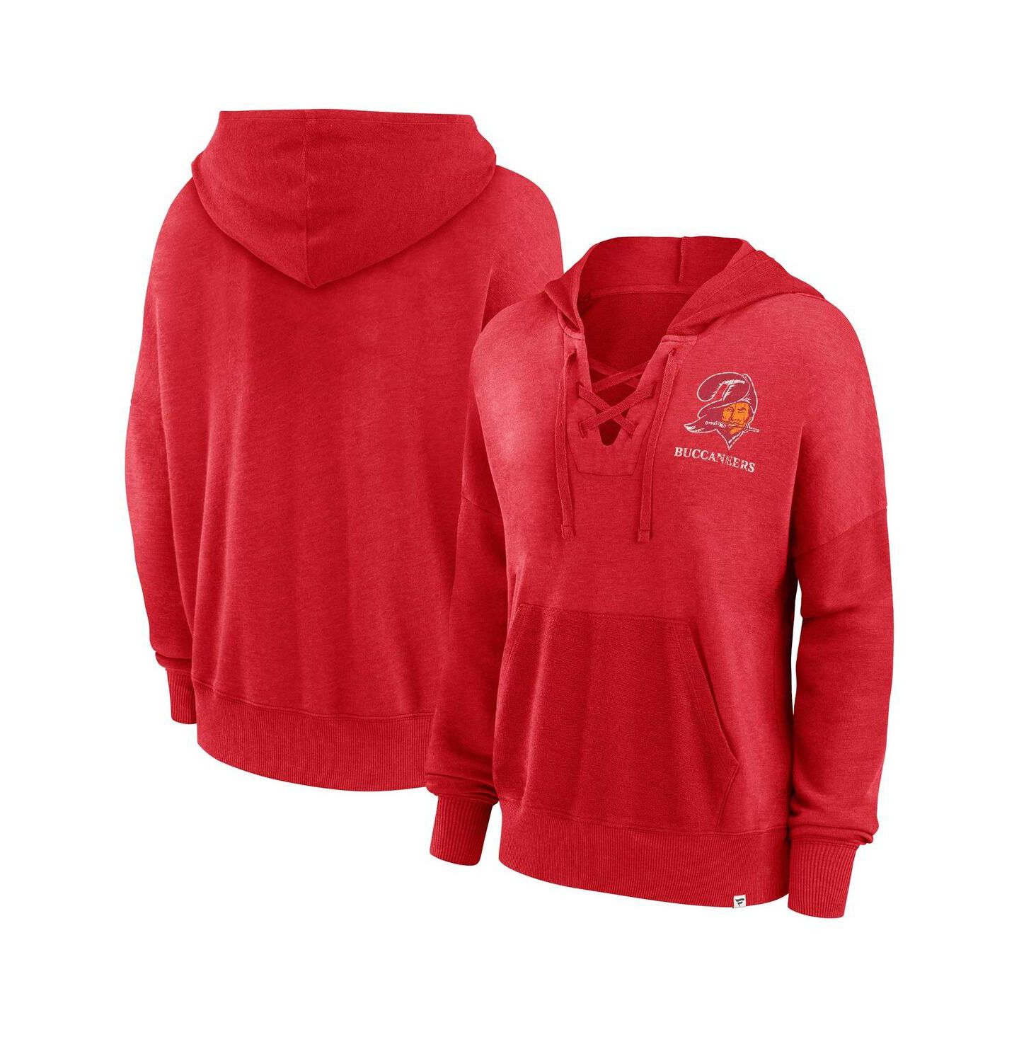 Женское худи Fanatics Red Distressed Tampa Bay Buccaneers Heritage Snow Wash French Terry Lace-Up Pullover — фото 1