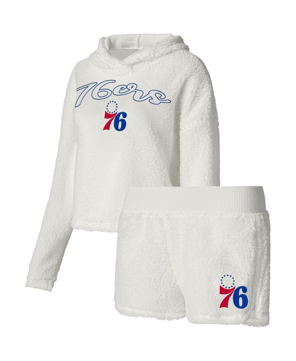 Women's College Concepts Cream Philadelphia 76ers Fluffy Long Sleeve Hoodie T-shirt and Shorts Sleep Set - Cream