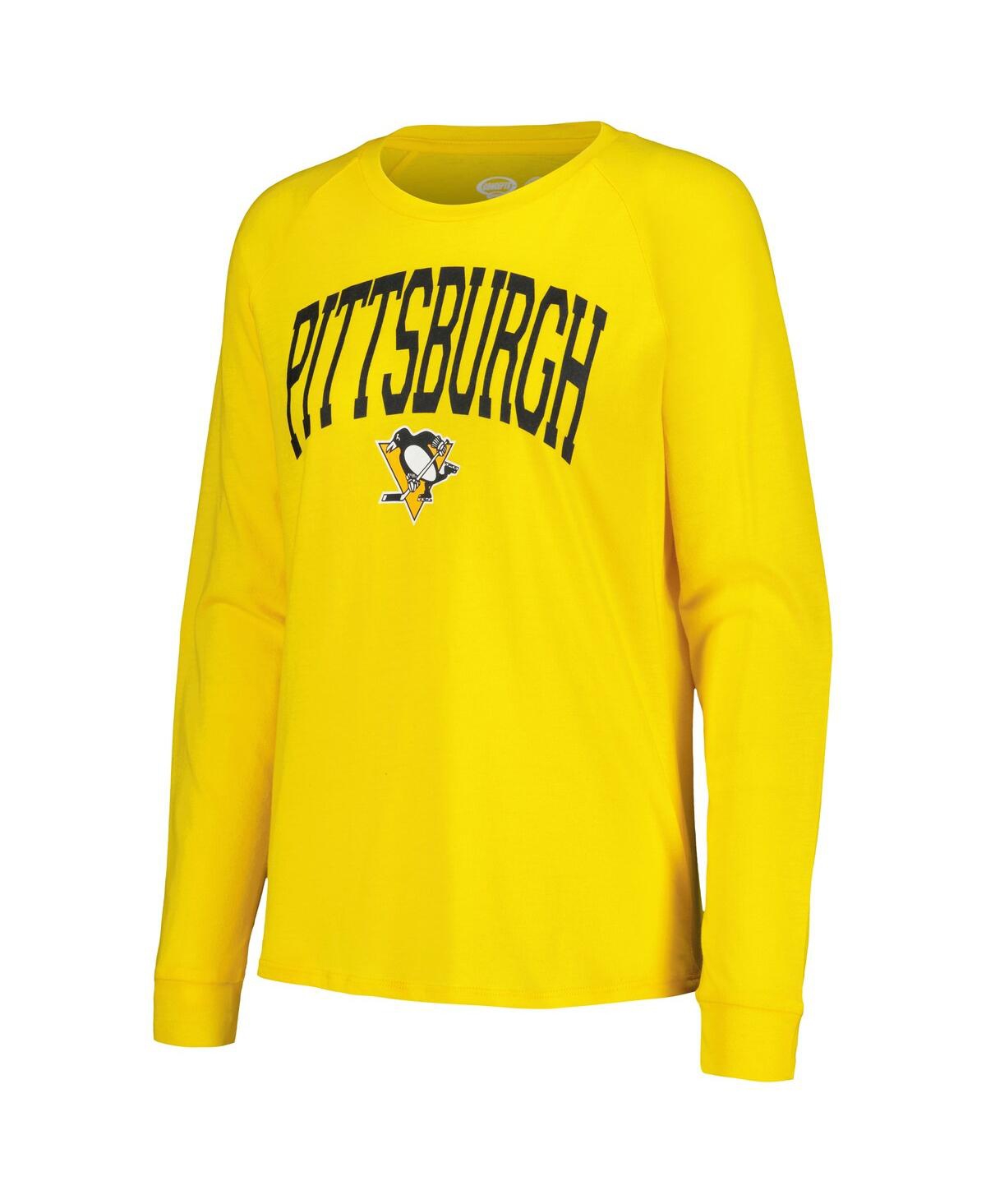 Shop Concepts Sport Women's  Black, Gold Pittsburgh Penguins Meter Knit Long Sleeve Raglan Top And Shorts  In Black,gold