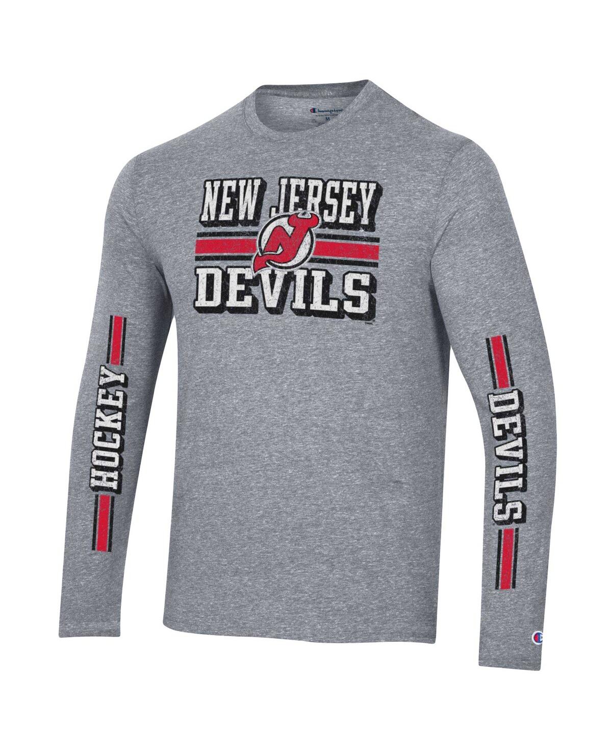 Shop Champion Men's  Heather Gray Distressed New Jersey Devils Tri-blend Dual-stripe Long Sleeve T-shirt