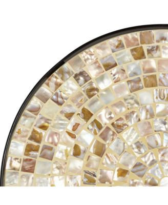 Modern Black Round Outdoor Accent Side Table 14" Wide Natural Mosaic Tabletop for Front Porch Patio Home House