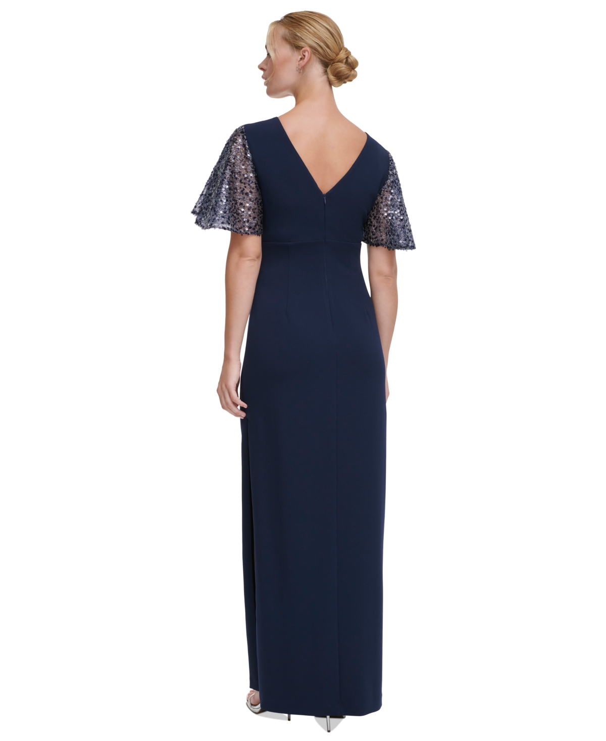 Shop Dkny Women's V-neck Sequin Flutter-sleeve Gown In Navy