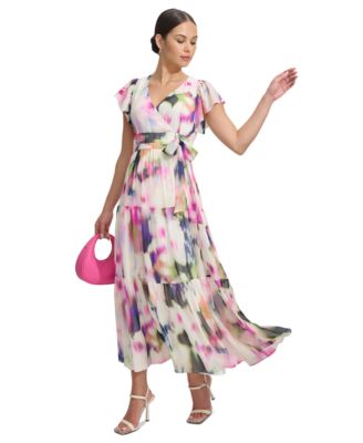 DKNY Women's Chiffon Flutter-Sleeve Tie-Waist Dress 