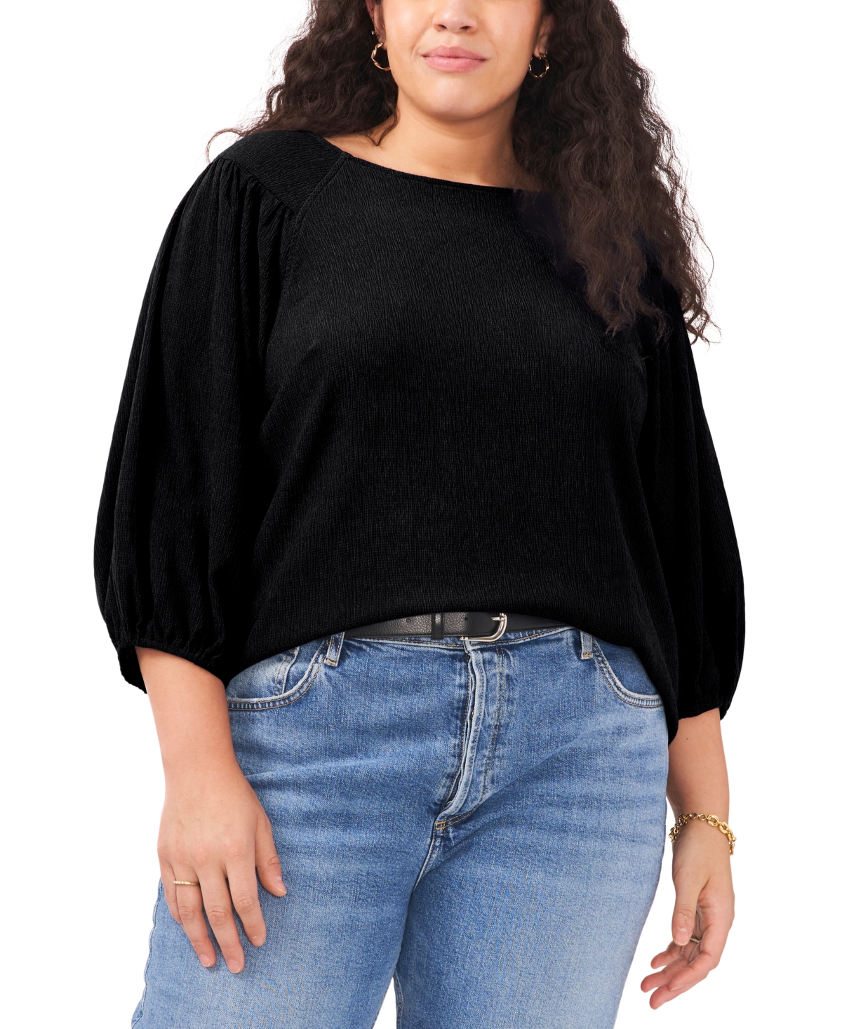 Plus Size Puff 3/4-Sleeve Knit Top - Cobalt