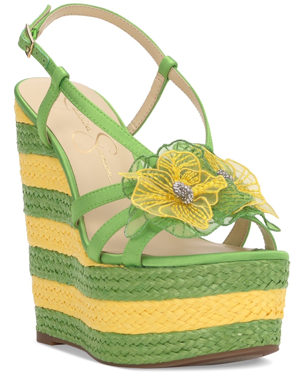Visela Flower Detail Platform Espadrille Wedge Sandals - Bright Green Satin