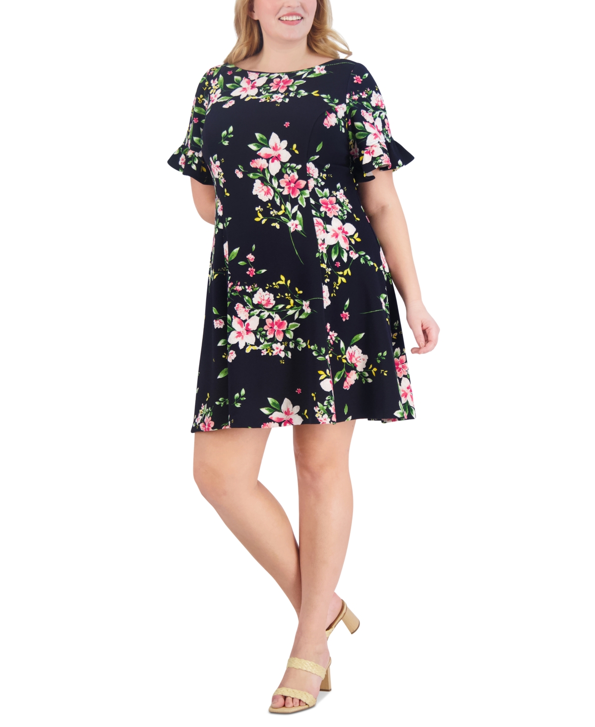 Plus Size Printed Ruffle-Sleeve Fit & Flare Dress - Navy/Pink