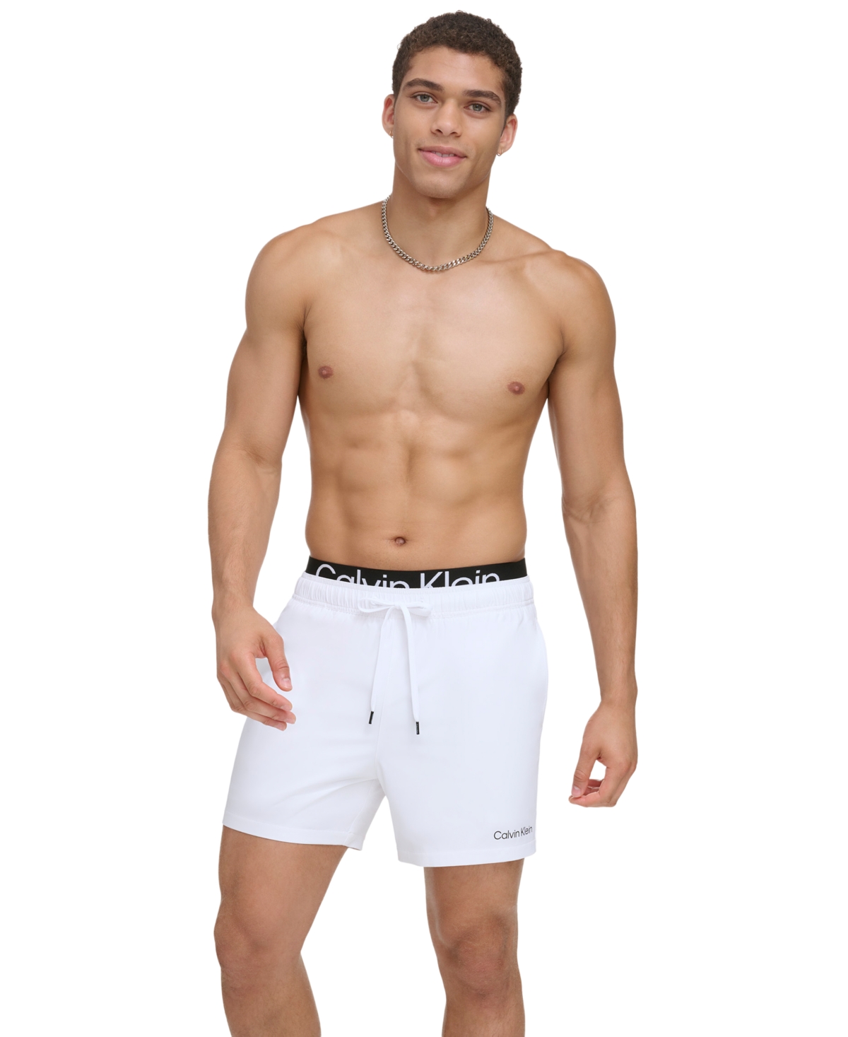 Shop Calvin Klein Men's Logo Elastic Waist Modern Euro 5" Volley Swim Trunks In White
