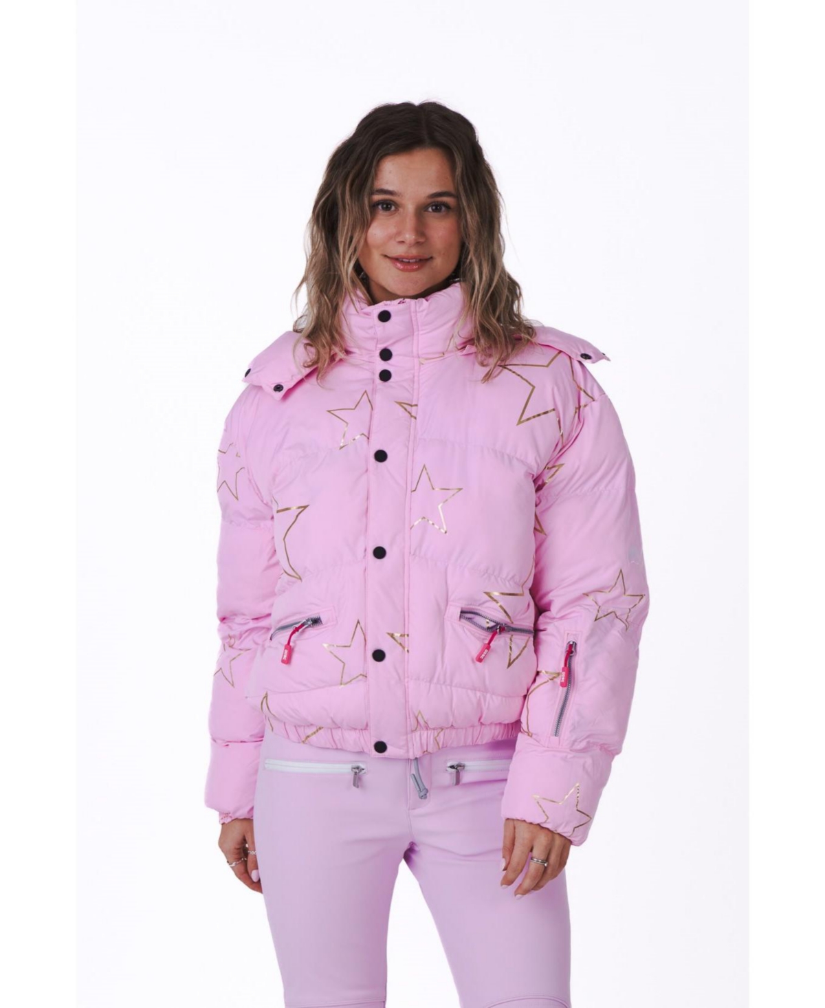 Women's Pink with Stars Chic Puffer Jacket - Pink