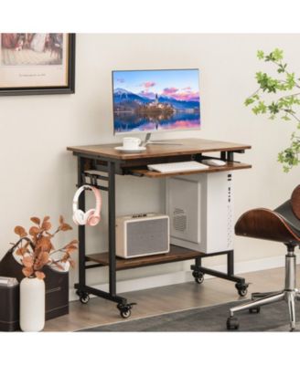 Rolling Laptop Table with Pull-out Keyboard Tray and Hooks-Rustic Brown