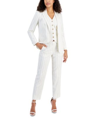 ANNE KLEIN WOMENS PINSTRIPED BUTTON UP VEST PINSTRIPED STRAIGHT LEG ANKLE PANTS PINSTRIPED ONE BUTTON NOTCH COL