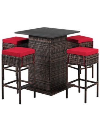 5 Pieces Patio Rattan Bar Table Stool Set Hidden Storage Shelf Cushioned
