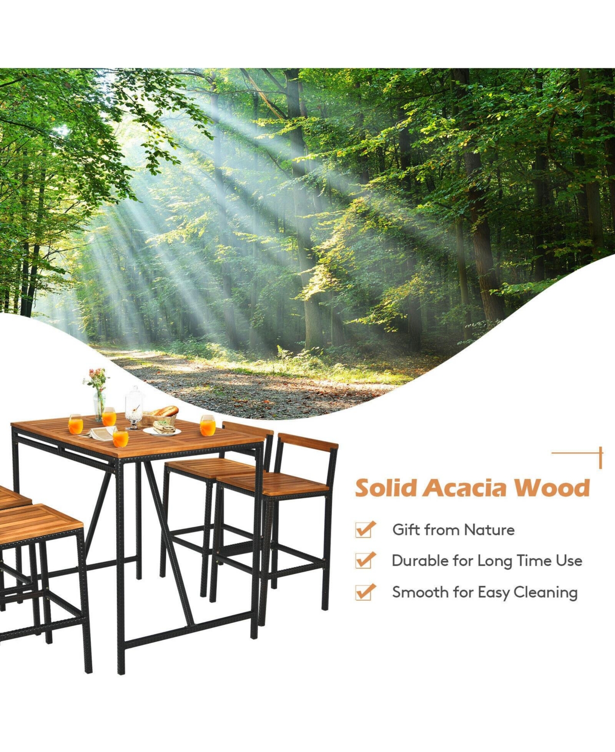 5 Pieces Outdoor Acacia Wood and Pe Rattan Bar Set