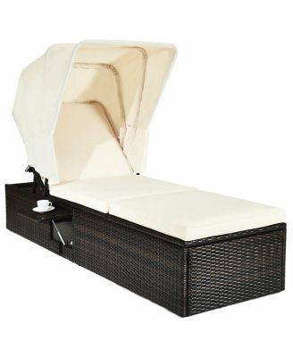 Chaise Cushioned Top Canopy Patio Rattan Lounge Chair with Tea Table