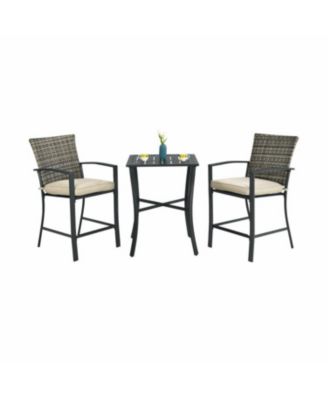 3 Pieces Rattan Bar Furniture Set with Slat Table and 2 Cushioned Stools