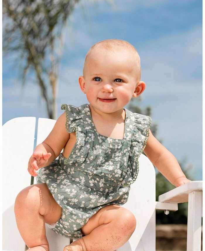 Deux par Deux Baby Girl Muslin Ruffle Romper Green Jasmine Flower Print