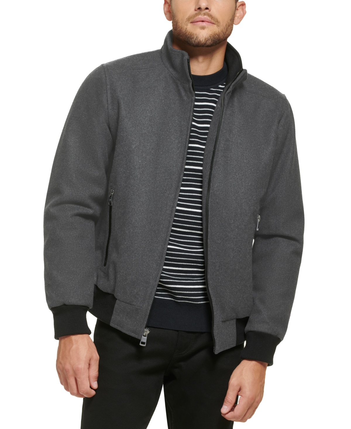 Shop Calvin Klein Men's Wool Bomber Jacket With Knit Trim In Light Grey