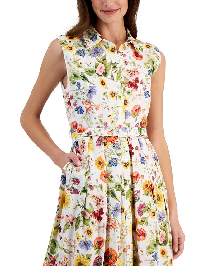 T Tahari Women's Floral Printed Linen-Blend Belted Fit & Flare Midi ...