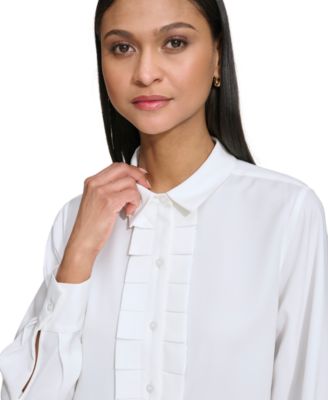 Karl Lagerfeld Women's Collared Pleat-Front Long-Sleeve Top