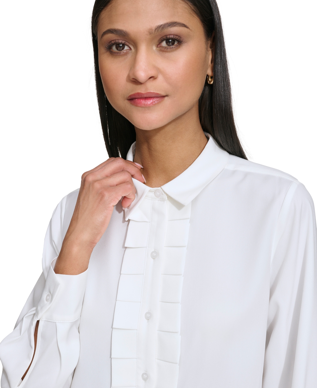 Shop Karl Lagerfeld Women's Collared Pleat-front Long-sleeve Top In Soft White