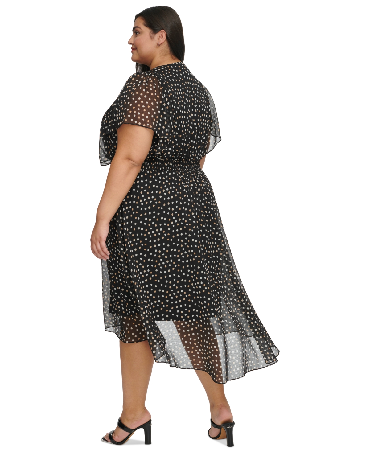 Shop Dkny Plus Size Dot-print Crinkle-chiffon Smocked Midi Dress In Black,ivory