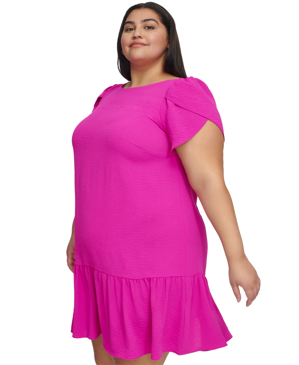 Shop Dkny Plus Size Tulip-sleeve Ruffled-hem Shift Dress In Power Pink