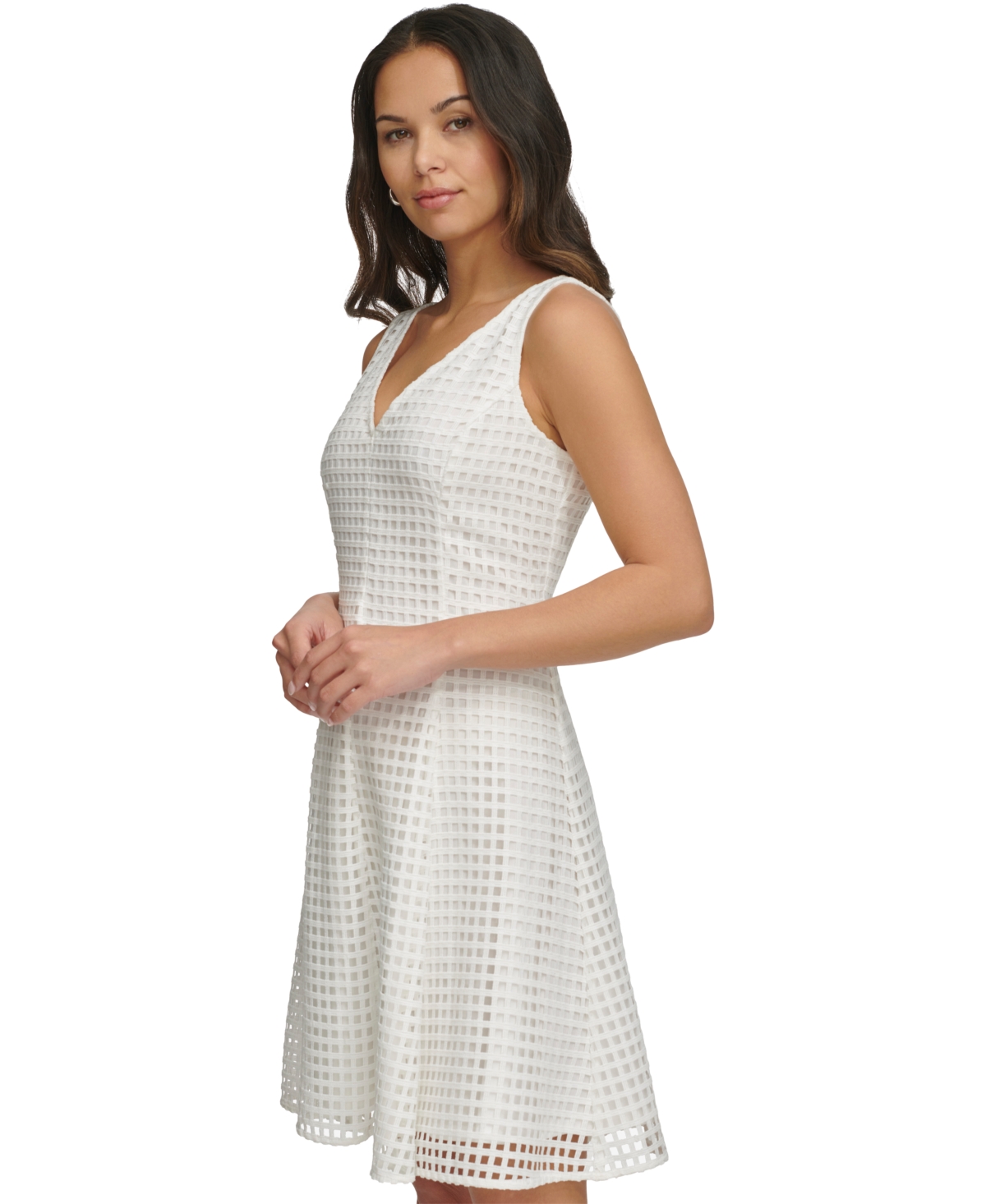 Shop Dkny Women's Grid Cutout Sleeveless A-line Dress In Cream