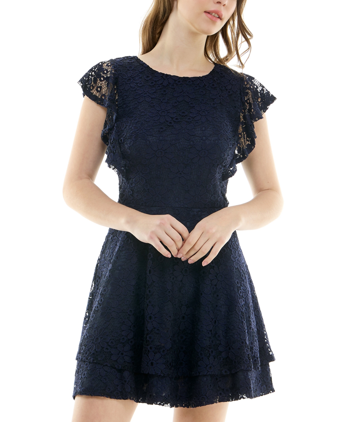 Shop Crystal Doll Juniors' Ruffle-sleeve Lace Dress In Navy