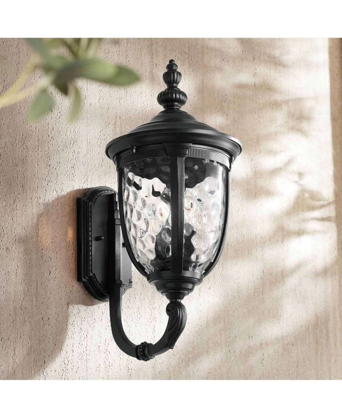Bellagio European Outdoor Wall Light Fixture Textured Black 21" Clear Hammered Glass Up bridge Arm for Exterior House Porch Patio Outside Deck Garage