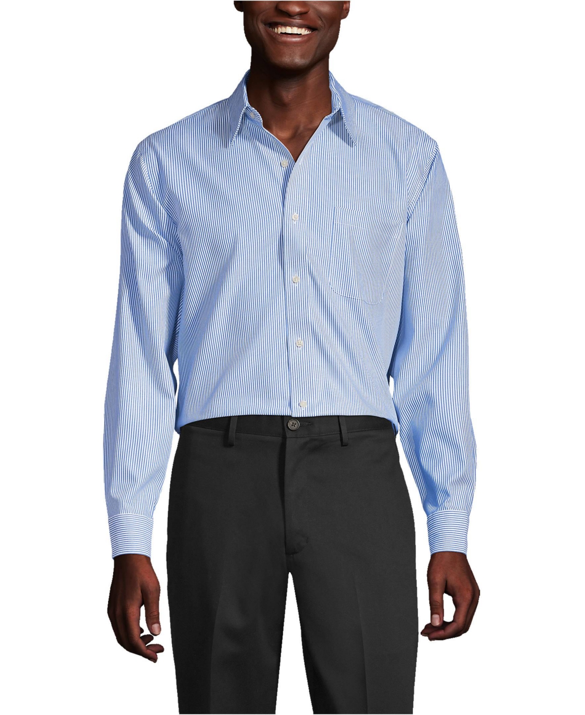 Lands' End Men's Pattern No Iron Supima Pinpoint Straight Collar Dress Shirt -white stripe