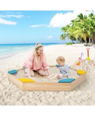 Outdoor Solid Wood Sandbox with 6 Built-in Fan-shaped Seats