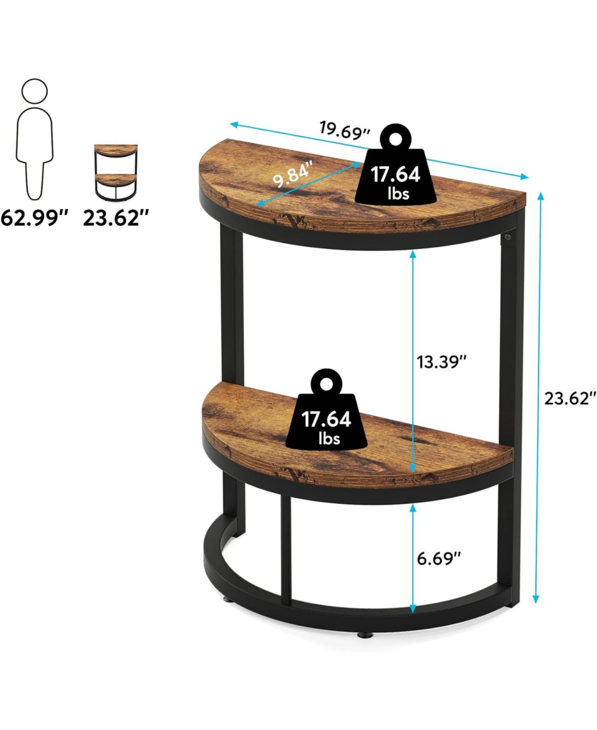 Tribesigns 2-Tier End Table Semi Circle, Small Half Round Side Tables Living Room with Storage Shelf for Small Space - Rustic brown and black