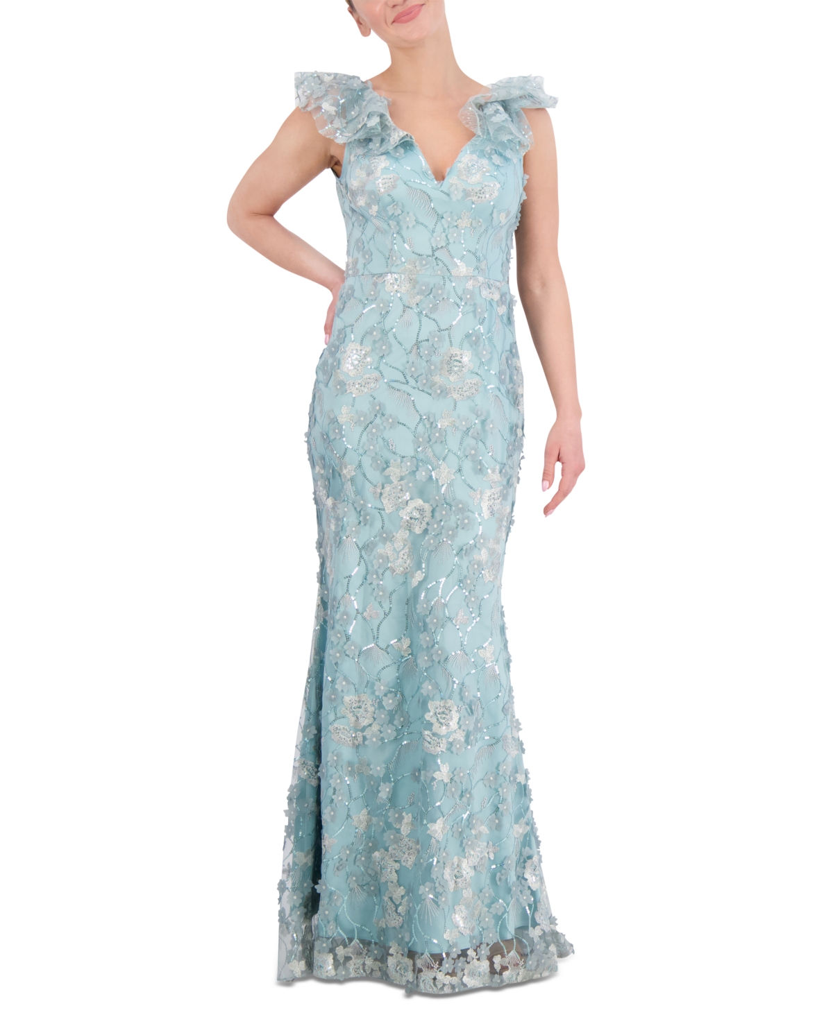 Shop Eliza J Petite Lace 3/4-sleeve Gown In Sage