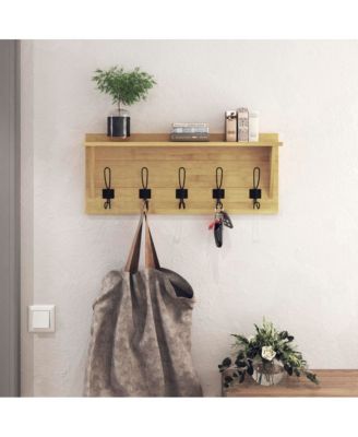 Rustic Wall-Mounted Coat Rack Shelf, 24" Solid Pine Wood with Hooks, Country Style for Entryway, Kitchen & Bathroom