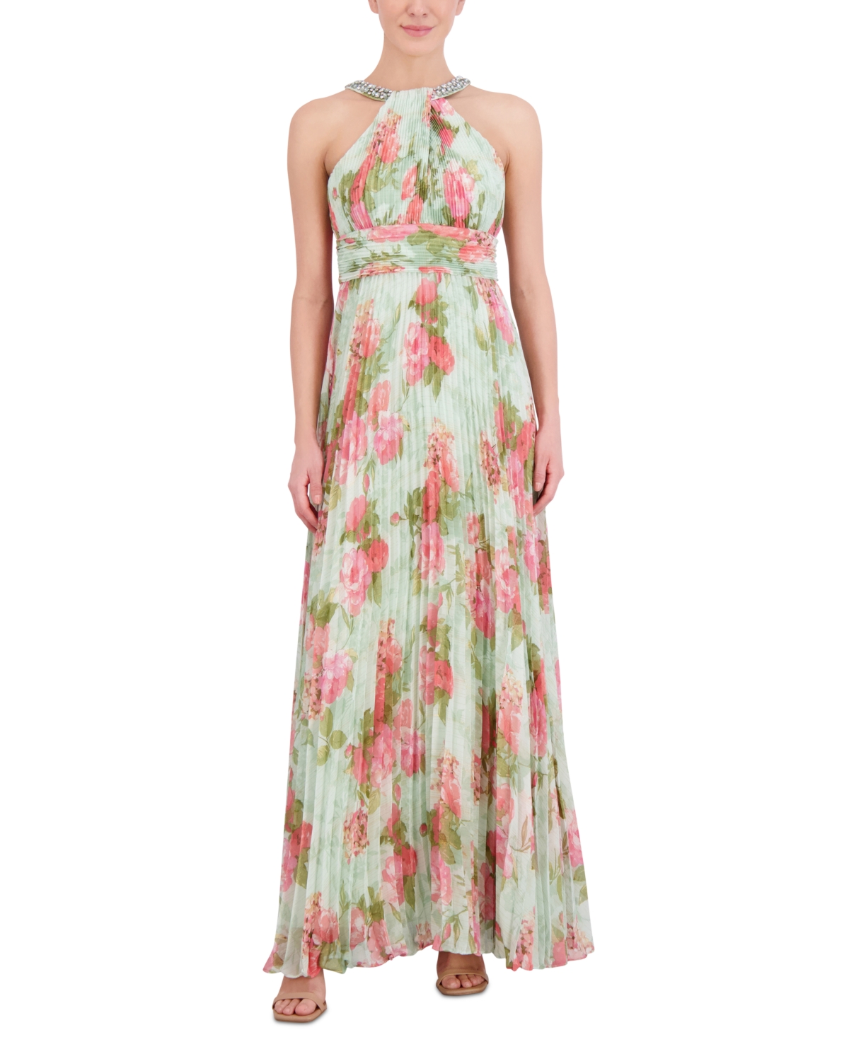 Women's Embellished-Neck Pleated Sleeveless Gown - Green Multi