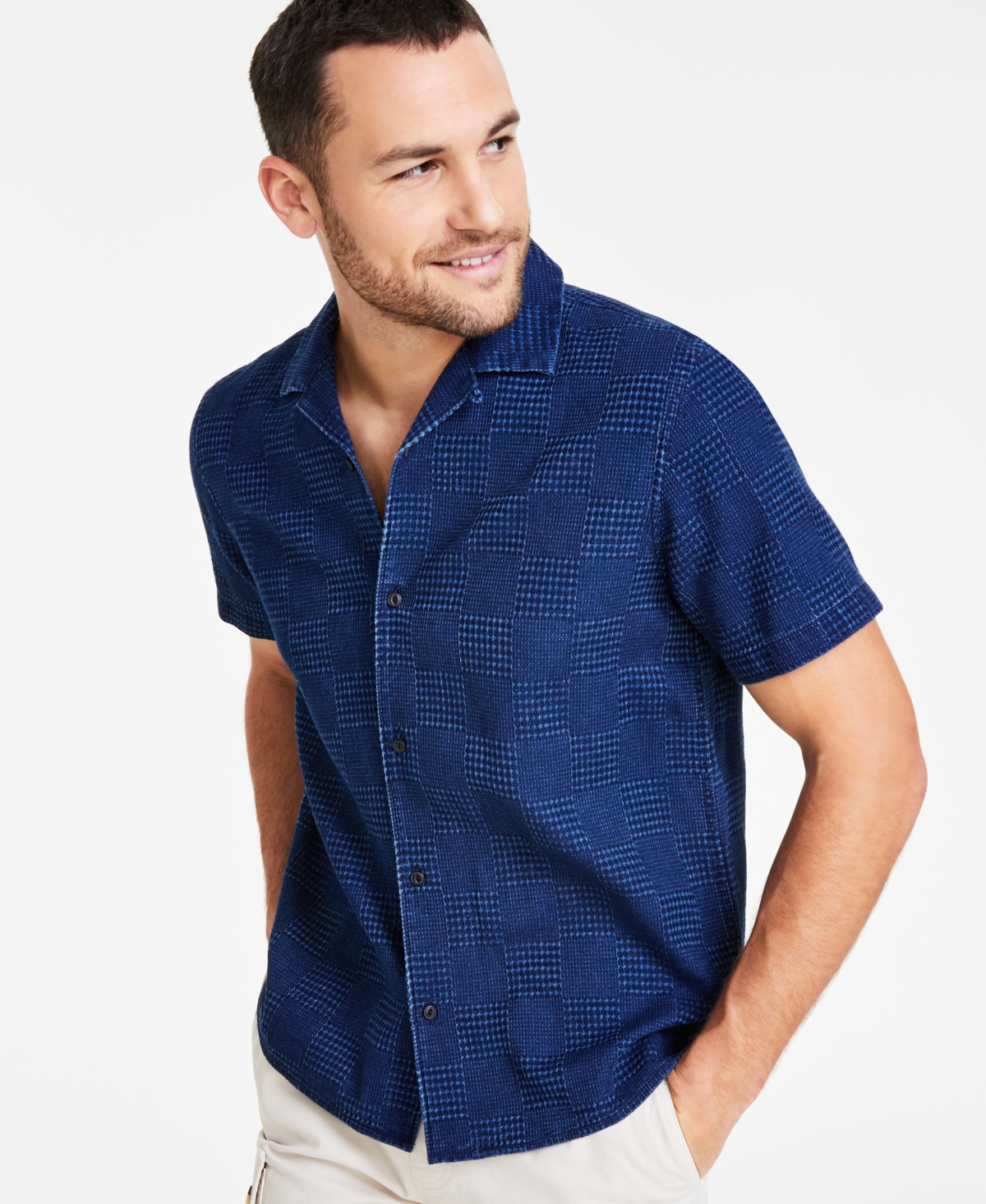 Men's Regular-Fit Checkered Camp Shirt, Created for Macy's - Indigo Dye