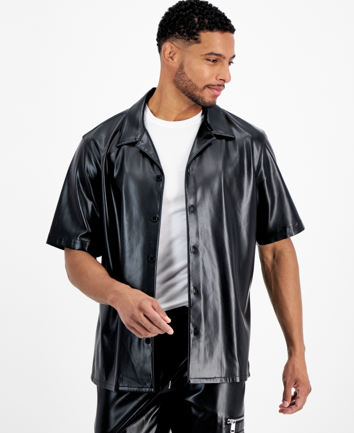 Shop Inc International Concepts Men's Jax Regular-fit Button-down Faux-leather Camp Shirt, Created For Macy's In Deep Black