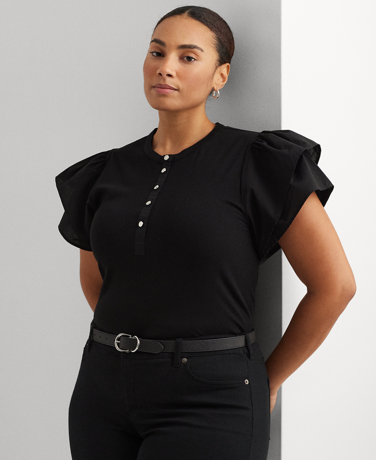 Shop Lauren Ralph Lauren Plus Size Flutter-sleeve Henley Top In Black