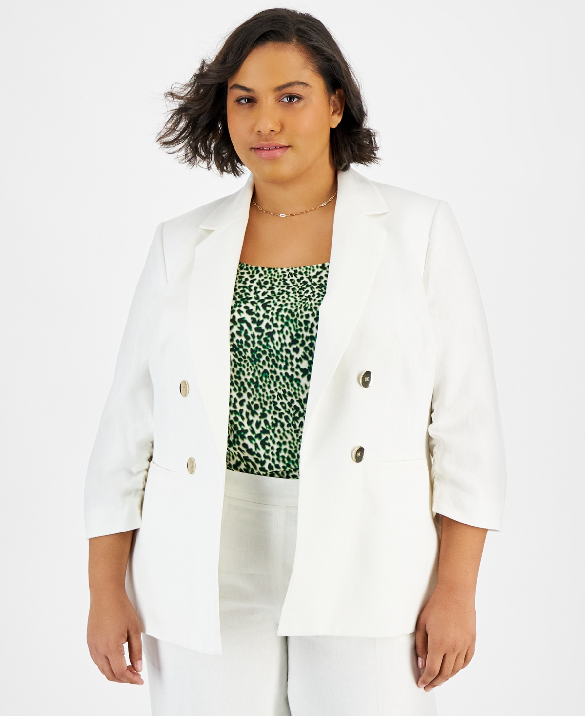 Plus Size Scrunch-Sleeve Linen-Blend Open-Front Blazer, Created for Macy's - Blanc