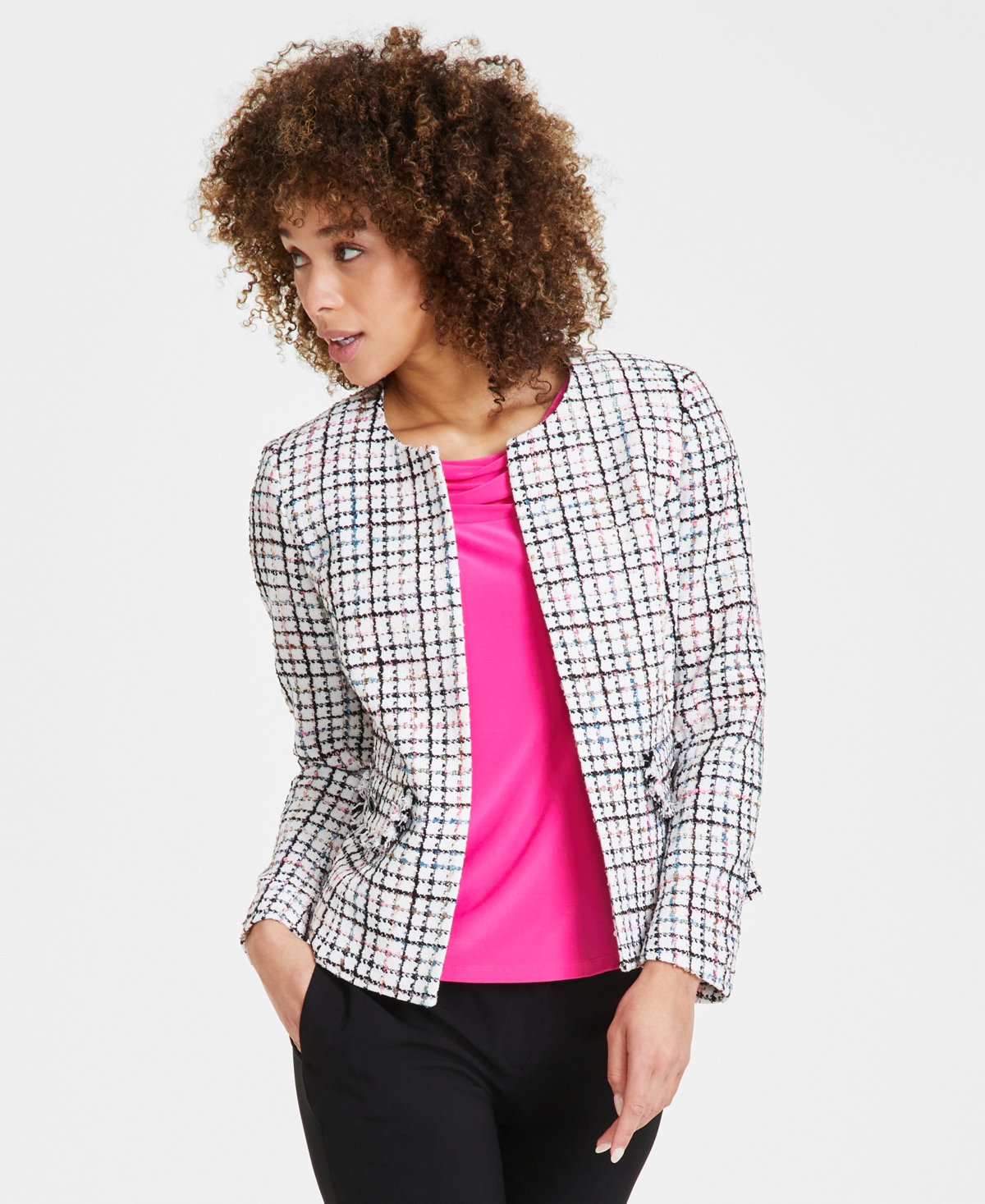 Kasper Women's Tweed Fringe Jacket, Created For Macy's In Pink Perfection Multi