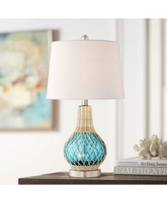 Alana Coastal Accent Table Lamp 22 3/4" High Rope Blue Glass Gourd with Nightlight LED White Fabric Drum Shade for Bedroom Living Room