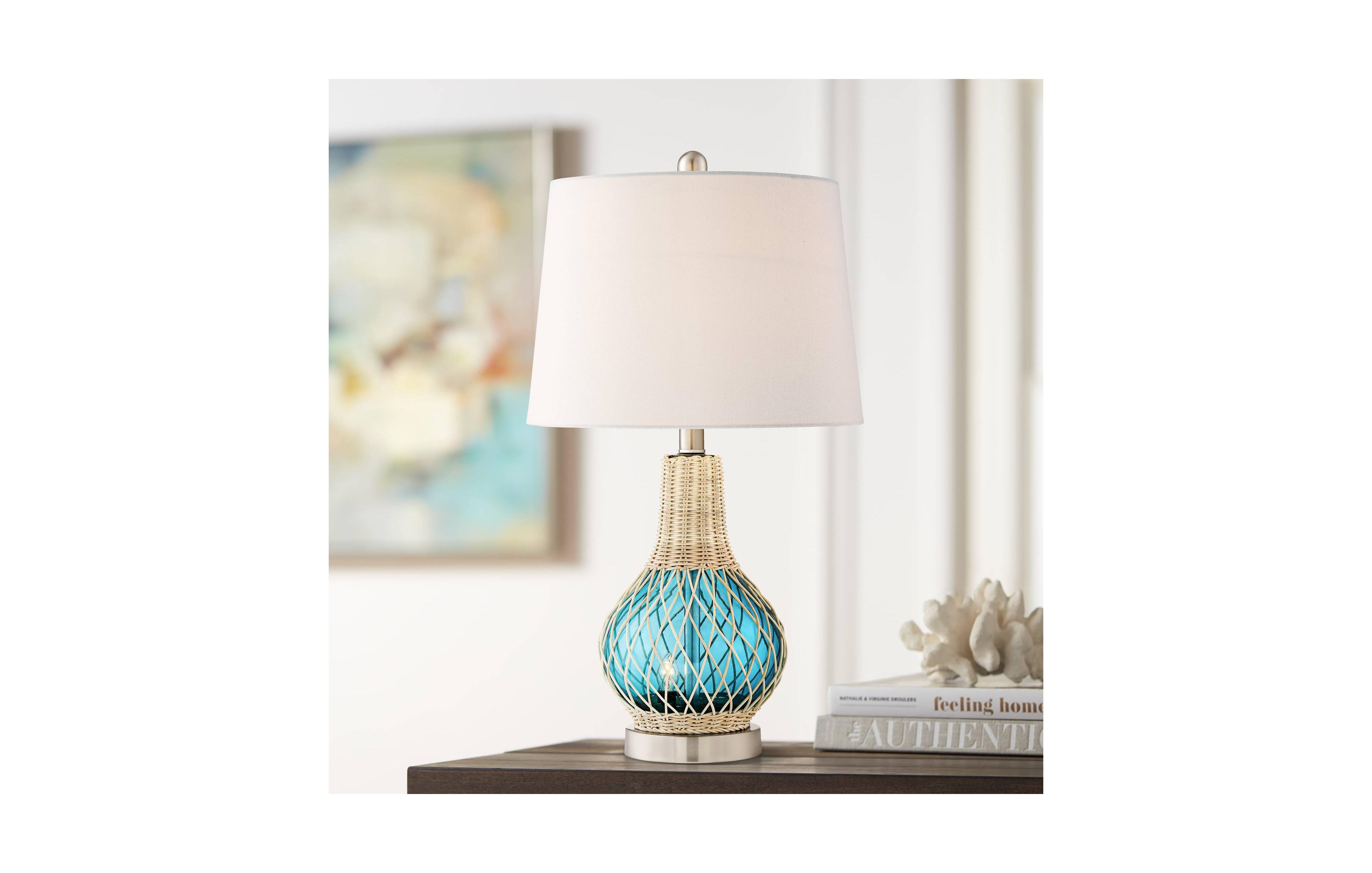 360 Lighting Alana Coastal Natural Cottage Accent Table Lamp with Nightlight Led 22.75" High Rope Blue Glass Gourd White Drum Shade Decor Living Room