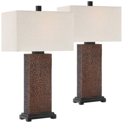 Caldwell Rustic Farmhouse Table Lamps 24.75" High Set of 2 Bronze Hammered Fabric Rectangular Shade for Bedroom Living Room Bedside