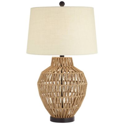 San Marcos Modern Coastal Table Lamp 27" Tall Natural Wicker Oatmeal Drum Shade for Bedroom Living Room Bedside Nightstand Office Kids