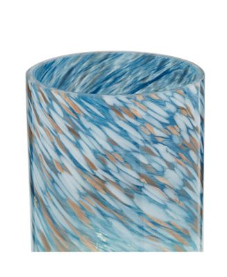 Modern Coastal Accent Table Lamp 13 1/2" High Brass Blue Art Glass Cylinder Shade for Bedroom Living Room Nightstand